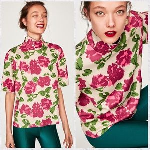 Zara Floral Short Sleeve Mock Neck Top